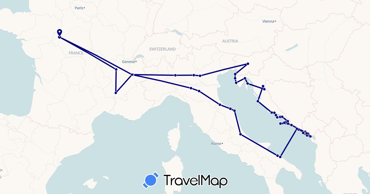 TravelMap itinerary: driving in France, Croatia, Italy, Montenegro, Slovenia, San Marino (Europe)